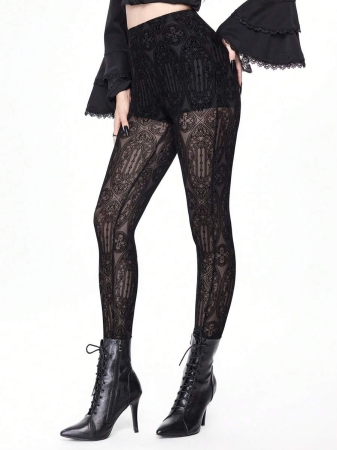 ROMWE Goth Gothic Palace Style Flocked Sheer Leggings - Image 5