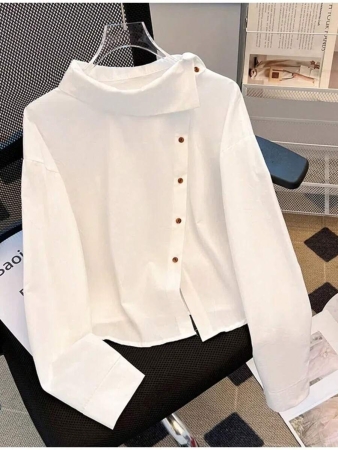 GlowEve Elegant Commuting Casual Fashionable Chic White Blouse For Women, Stand Collar Versatile Top With Unique Design - Image 2