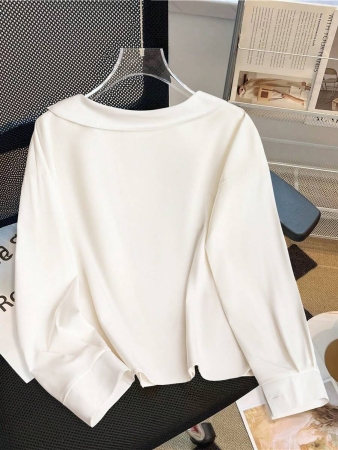 GlowEve Elegant Commuting Casual Fashionable Chic White Blouse For Women, Stand Collar Versatile Top With Unique Design - Image 3