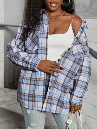 Women's Plaid Shirt Jacket, Lightweight Outer Shirt, Y2K Back To School Celebration Casual Commute Checkered Button-Front Shirt, Casual Long Sleeve Turndown Collar Versatile Shirt, Suitable For Daily Casual, Outdoor, Vacation Wear, All Season - Image 38