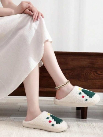 Christmas Style Pattern Fuzzy Slippers For Women And Men, Winter Warm Closed Toe Flat Floor Shoes, Cozy Soft Sole Home Slippers - Image 3