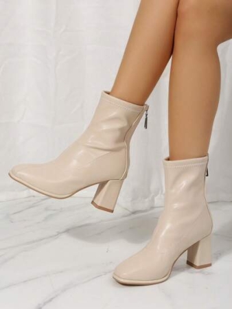 Women Mid-Calf Boots, Beige, Chunky Heel, Back Zipper, Simple And Comfortable