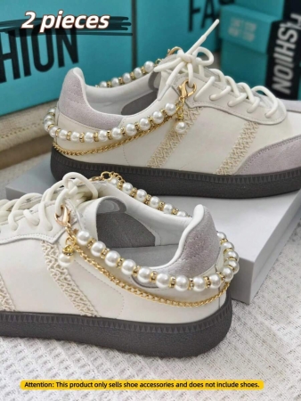 2pcs Fashionable Faux Pearl & Rhinestone Shoe Chains, Suitable For Casual Shoes, Sneakers, Canvas Shoes, Boots, DIY Shoe Accessories, Detachable & Reusable (Shoes Not Included) - Image 2