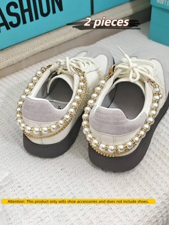 2pcs Fashionable Faux Pearl & Rhinestone Shoe Chains, Suitable For Casual Shoes, Sneakers, Canvas Shoes, Boots, DIY Shoe Accessories, Detachable & Reusable (Shoes Not Included) - Image 3