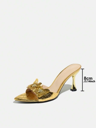 Women's High Heel Shoes, Fashionable For Parties, Gatherings, Outdoor Events. Elegant And Luxurious With Metallic Finish, Butterfly Decor, Mysterious Wave Stone Texture, Slip-On Design, Sexy And Graceful Black High Heel Sandals For Formal Wear - Image 5