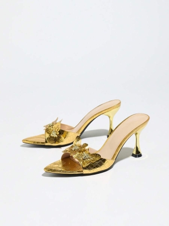 Women's High Heel Shoes, Fashionable For Parties, Gatherings, Outdoor Events. Elegant And Luxurious With Metallic Finish, Butterfly Decor, Mysterious Wave Stone Texture, Slip-On Design, Sexy And Graceful Black High Heel Sandals For Formal Wear - Image 7