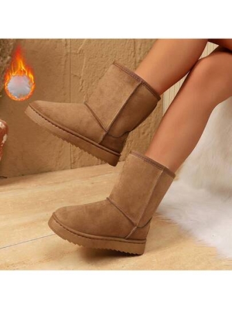 Women's Mid-Calf Snow Boots, Thermal Lined Thick Tube Flat Winter Shoes, Outdoor Short Tube Thick Bottom Warm Boots, Slip-On Mid-Calf Boots, Winter