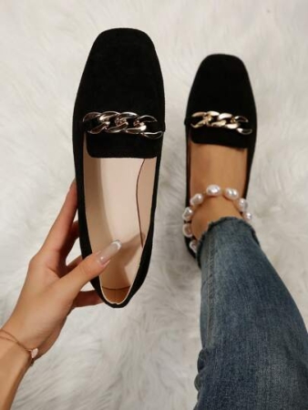 Women's Metal Chain Buckle Square Toe Flat Sole Shoes Are Comfortable To Wear With One Foot, Black Loafers Are Elegant And Stylish, Suitable For Daily Outdoor Wear In Spring And Summer, Office Commuting, Black Ballet Flat Shoes, Women's Shoes