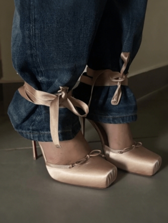 Ballet High Heels For Women Square Toe Satin Mary Janes Lace Up Heels Elegant Ballerina Stiletto Heels With Bow Party Dancing Shoes For Women