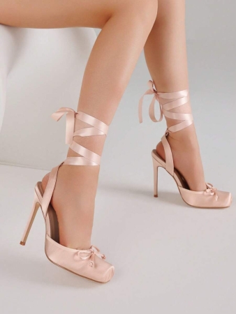 Ballet High HeelsĀ For Women Square Toe Satin Mary Janes Lace Up Heels Elegant Ballerina Stiletto Heels With Bow Party Dancing Shoes For Women - Image 11