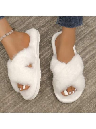 Cross Strap Ladies Furry Slippers Open Toe Slippers Home Girls Warm Cotton Slippers