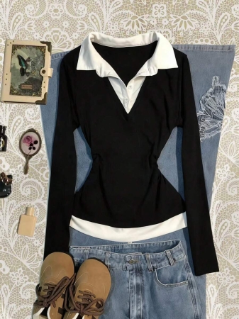 Rina Fox Women's Contrast Color Shirt Collar Long Sleeve Casual 2 In 1 Top - Image 2