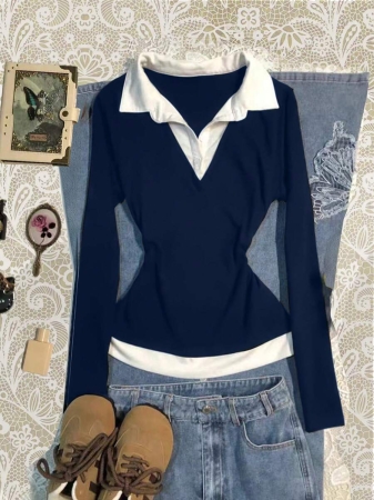 Rina Fox Women's Contrast Color Shirt Collar Long Sleeve Casual 2 In 1 Top - Image 6