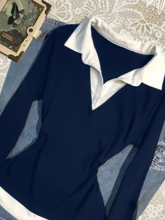 Rina Fox Women's Contrast Color Shirt Collar Long Sleeve Casual 2 In 1 Top - Image 7