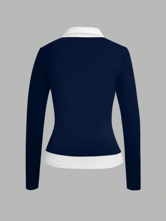 Rina Fox Women's Contrast Color Shirt Collar Long Sleeve Casual 2 In 1 Top - Image 8