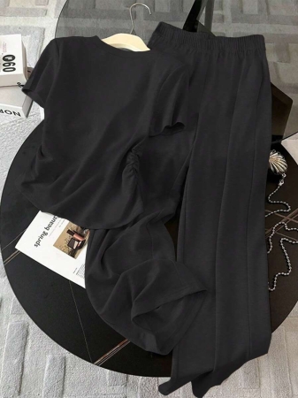 Resyla Women's Casual Ruched T-Shirt And Pants 2 Pieces Set, Summer - Image 3