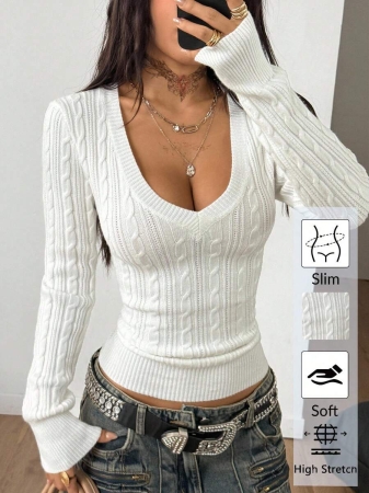 Coolane Women's Fall Winter Vintage Preppy Y2K Daily Wear Going Out Renaissance Fair Club Outfits White V-Neck Sweater - Image 2