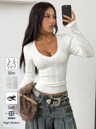 Coolane Women's Fall Winter Vintage Preppy Y2K Daily Wear Going Out Renaissance Fair Club Outfits White V-Neck Sweater - Image 3