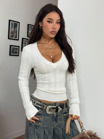 Coolane Women's Fall Winter Vintage Preppy Y2K Daily Wear Going Out Renaissance Fair Club Outfits White V-Neck Sweater - Image 4