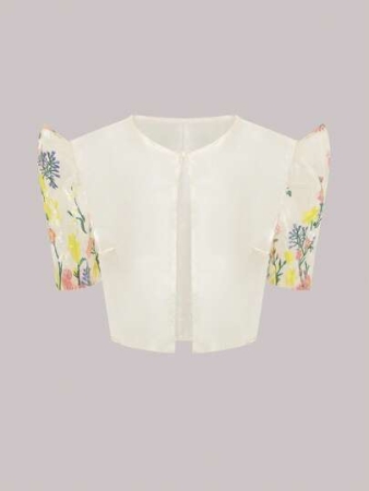 Women's Romantic Embroidered Floral Patchwork Puff Sleeve Cardigan