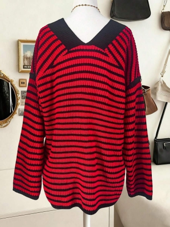 Lalippa Women's Fashion Casual Drop Shoulder Long Sleeve V-Neck Loose Sweater - Image 11