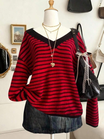 Lalippa Women's Fashion Casual Drop Shoulder Long Sleeve V-Neck Loose Sweater - Image 12