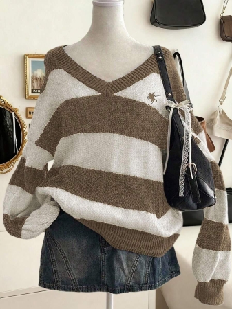 Lalippa Women's Fashion Casual Drop Shoulder Long Sleeve V-Neck Loose Sweater - Image 25