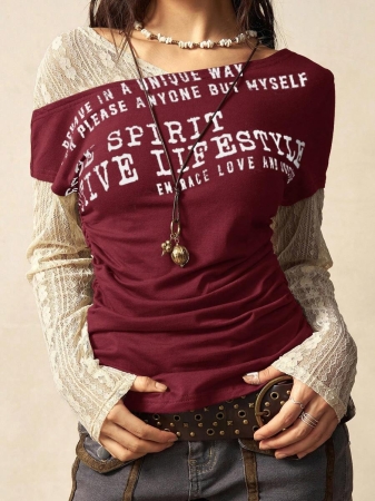 Bohemela Autumn Boho Casual Knit Contrast Lace Women Blouse - Image 2