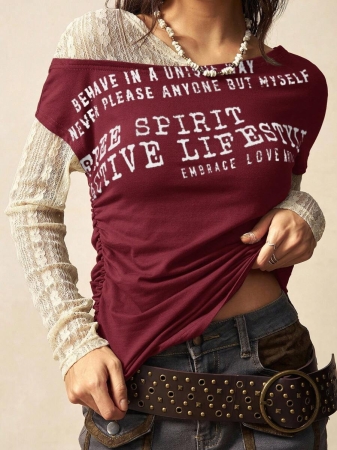 Bohemela Autumn Boho Casual Knit Contrast Lace Women Blouse - Image 5