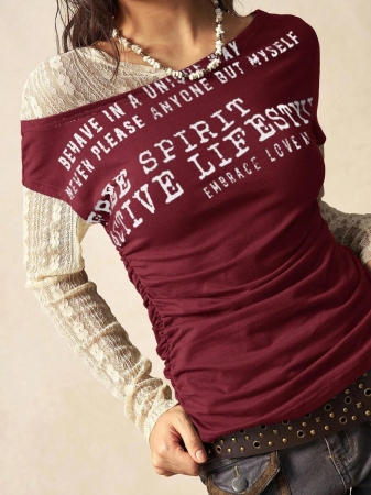 Bohemela Autumn Boho Casual Knit Contrast Lace Women Blouse - Image 6