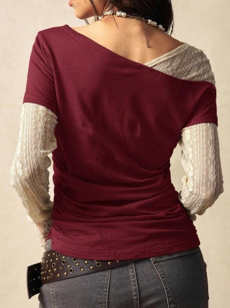 Bohemela Autumn Boho Casual Knit Contrast Lace Women Blouse - Image 9
