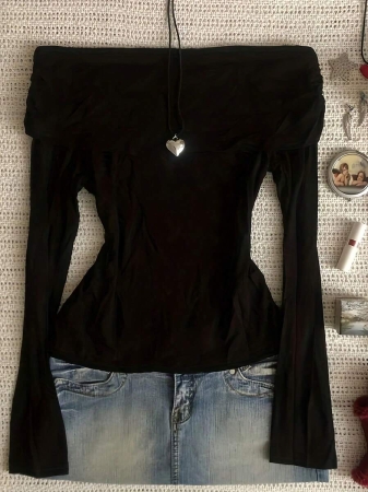 Casual Solid Color Off Shoulder Long Sleeve Top - Image 2