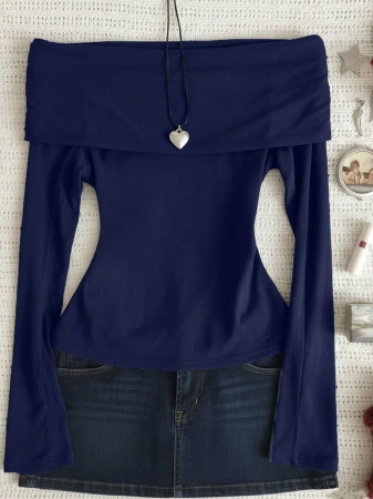 Casual Solid Color Off Shoulder Long Sleeve Top - Image 10