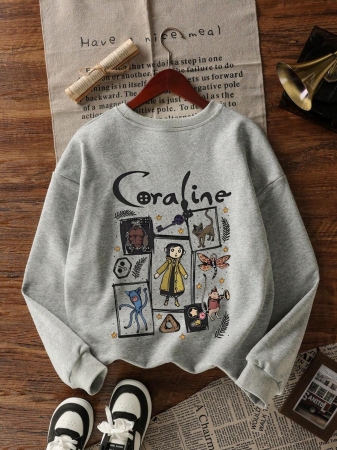 Women's Casual Crew Neck Sweatshirt With Cute Girl Cartoon English Print, Fashionable And Versatile, Suitable For Autumn/Winter - Image 3