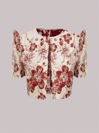 Women's Fashionable Jacquard Puff Sleeve Short Jacket - Image 2