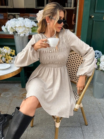 Serisse Fall Winter 2025 Women's Solid Color Round Neck Lantern Sleeve Pleated Casual Mini Dress, Long Sleeve Dress, Stretch Slim Fit Dress,Linen Dress,Lantern Sleeve Dress, Beige Dresses Women, Puff Sleeve Dress, French Style Dress ,Pleated Dress,Beach Dress, Graduation Dress,Elegant Dresses For Women,Brunch Outfit,Winter Outfits For Women,Stylish Clothing Collection,Stylish Clothing Collection,French Style Clothes,Christmas Dress, New Year Outfit,Christmas,Thanksgiving Outfit For Women,Casual Outfit For Women,Vintage, Minimalist, Commuter, Office, Perfect For Everyday Wear - Image 2