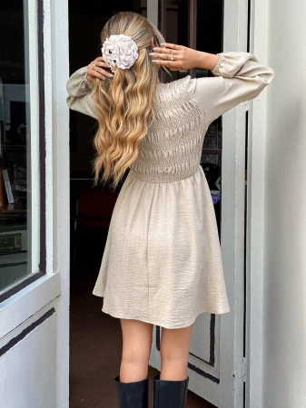 Serisse Fall Winter 2025 Women's Solid Color Round Neck Lantern Sleeve Pleated Casual Mini Dress, Long Sleeve Dress, Stretch Slim Fit Dress,Linen Dress,Lantern Sleeve Dress, Beige Dresses Women, Puff Sleeve Dress, French Style Dress ,Pleated Dress,Beach Dress, Graduation Dress,Elegant Dresses For Women,Brunch Outfit,Winter Outfits For Women,Stylish Clothing Collection,Stylish Clothing Collection,French Style Clothes,Christmas Dress, New Year Outfit,Christmas,Thanksgiving Outfit For Women,Casual Outfit For Women,Vintage, Minimalist, Commuter, Office, Perfect For Everyday Wear - Image 3
