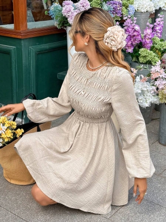 Serisse Fall Winter 2025 Women's Solid Color Round Neck Lantern Sleeve Pleated Casual Mini Dress, Long Sleeve Dress, Stretch Slim Fit Dress,Linen Dress,Lantern Sleeve Dress, Beige Dresses Women, Puff Sleeve Dress, French Style Dress ,Pleated Dress,Beach Dress, Graduation Dress,Elegant Dresses For Women,Brunch Outfit,Winter Outfits For Women,Stylish Clothing Collection,Stylish Clothing Collection,French Style Clothes,Christmas Dress, New Year Outfit,Christmas,Thanksgiving Outfit For Women,Casual Outfit For Women,Vintage, Minimalist, Commuter, Office, Perfect For Everyday Wear - Image 4