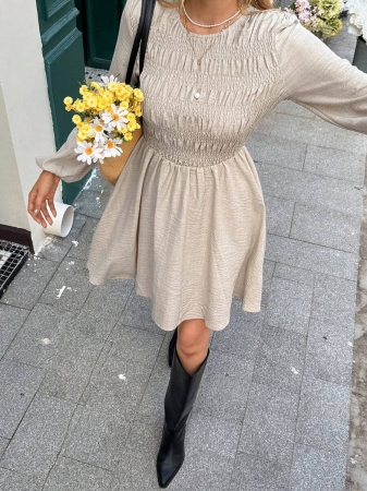 Serisse Fall Winter 2025 Women's Solid Color Round Neck Lantern Sleeve Pleated Casual Mini Dress, Long Sleeve Dress, Stretch Slim Fit Dress,Linen Dress,Lantern Sleeve Dress, Beige Dresses Women, Puff Sleeve Dress, French Style Dress ,Pleated Dress,Beach Dress, Graduation Dress,Elegant Dresses For Women,Brunch Outfit,Winter Outfits For Women,Stylish Clothing Collection,Stylish Clothing Collection,French Style Clothes,Christmas Dress, New Year Outfit,Christmas,Thanksgiving Outfit For Women,Casual Outfit For Women,Vintage, Minimalist, Commuter, Office, Perfect For Everyday Wear - Image 5