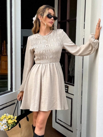 Serisse Fall Winter 2025 Women's Solid Color Round Neck Lantern Sleeve Pleated Casual Mini Dress, Long Sleeve Dress, Stretch Slim Fit Dress,Linen Dress,Lantern Sleeve Dress, Beige Dresses Women, Puff Sleeve Dress, French Style Dress ,Pleated Dress,Beach Dress, Graduation Dress,Elegant Dresses For Women,Brunch Outfit,Winter Outfits For Women,Stylish Clothing Collection,Stylish Clothing Collection,French Style Clothes,Christmas Dress, New Year Outfit,Christmas,Thanksgiving Outfit For Women,Casual Outfit For Women,Vintage, Minimalist, Commuter, Office, Perfect For Everyday Wear - Image 6