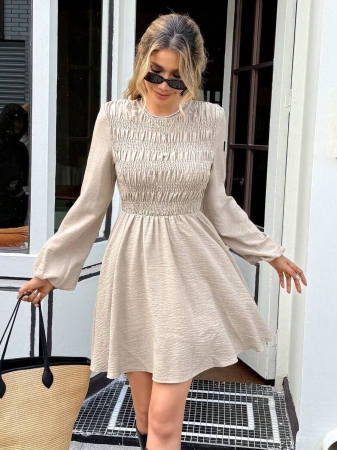 Serisse Fall Winter 2025 Women's Solid Color Round Neck Lantern Sleeve Pleated Casual Mini Dress, Long Sleeve Dress, Stretch Slim Fit Dress,Linen Dress,Lantern Sleeve Dress, Beige Dresses Women, Puff Sleeve Dress, French Style Dress ,Pleated Dress,Beach Dress, Graduation Dress,Elegant Dresses For Women,Brunch Outfit,Winter Outfits For Women,Stylish Clothing Collection,Stylish Clothing Collection,French Style Clothes,Christmas Dress, New Year Outfit,Christmas,Thanksgiving Outfit For Women,Casual Outfit For Women,Vintage, Minimalist, Commuter, Office, Perfect For Everyday Wear - Image 7