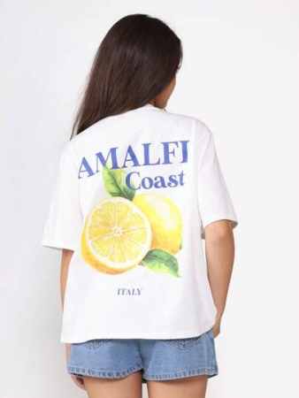 SUMWON Amalfi Coast Oversized Summer T-Shirt Italian Vacation Vibes Mediterranean Lemon Print Beach Resort Casual Travel Holiday Top