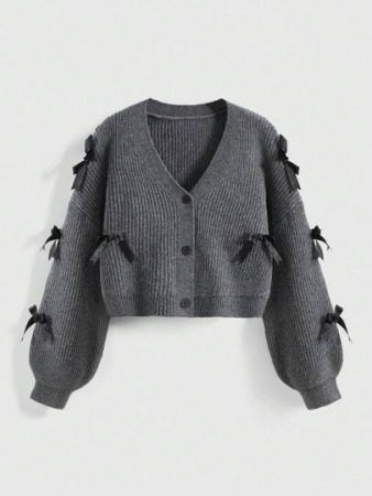 ROMWE Cute 3D Bow Decor Button Front Knit Cardigan