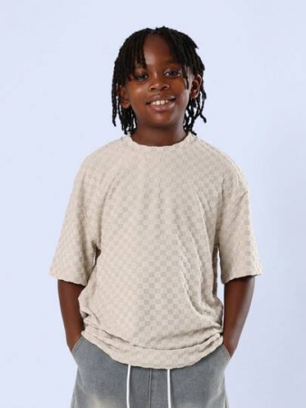 SUMWON Textured Checkered Pattern Modern Oversized Youth Tee Casual Streetwear Fashion Soft Knit Boys Premium Relaxed Fit Summer Spring Everyday Wear