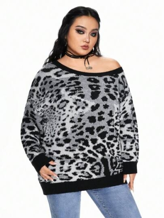 ROMWE J-Fashion Autumn/Winter Plus Size Relaxed Fit Grey & Black Leopard Print Open Shoulder Sweater