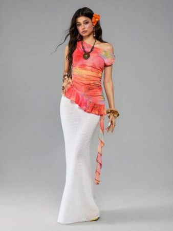 ROMWE Avant Women's Summer Vacation Style Dopamine Tie-Dye Butterfly And Floral Print Mesh Halter Cinched Waist Blouse