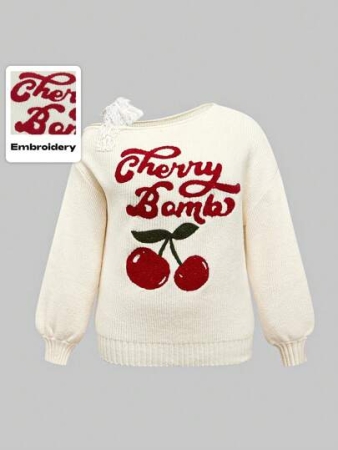 ROMWE Kawaii Cute Mori Style Holiday Cherry Embroidered Lace Tie Bow Lantern Sleeve Fitted Plus Size Cardigan, Apricot