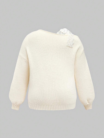 ROMWE Kawaii Cute Mori Style Holiday Cherry Embroidered Lace Tie Bow Lantern Sleeve Fitted Plus Size Cardigan, Apricot - Image 3