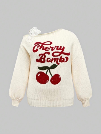 ROMWE Kawaii Cute Mori Style Holiday Cherry Embroidered Lace Tie Bow Lantern Sleeve Fitted Plus Size Cardigan, Apricot - Image 6