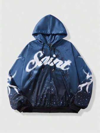 ROMWE MEN Street Life Men's Hooded Drawstring Drop Shoulder Long Sleeve Zip-Up Casual Street Graphic Print Hoodie Sweatshirt